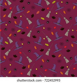 Seamless vector pattern.Halloween bright pattern with witch hats, brooms, bats and other symbols of holiday on the violet background.