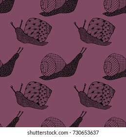 Seamless vector pattern.Hand drawn snails with ornaments pattern on the dark violet background.