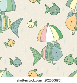Seamless vector pattern.Mother fish with her kids under umbrella