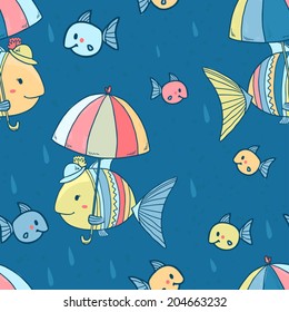 Seamless vector pattern.Mother fish with her kids under umbrella