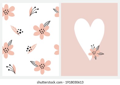 Seamless Vector Patterns with  Abstract Pink Flowers and Black Leaves on a White Background. Irregular Hand Drawn Simple Romantic Print with Big White Heart and Little Funny Flower. Floral Template.