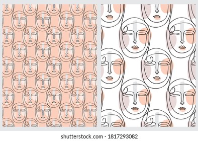 Nahtlose Vektormuster mit arabischem Frauenbild einzeln auf lachsrosa und weißem Hintergrund. Line Art Repetierbare Print. Weiblich in Hijab.
