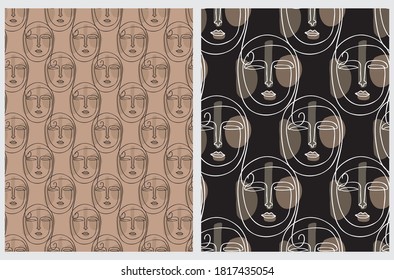Seamless Vector Patterns with Arab Woman Face Isolated on a Black and Brown Background. Line Art Repeatable Print. Female in Hijab.