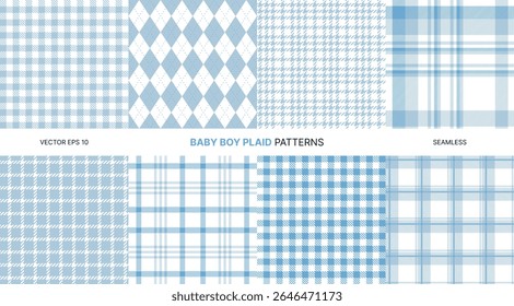 Padrões de vetor sem emenda para o bebê menino com azul macio gingham tartan houndstooth argyle texturas perfeitas para viveiro têxtil papel de parede fundos bonito delicado bebê chuveiro design