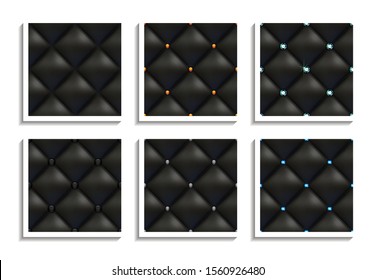 Seamless vector patterns of black leather upholstery with gold, silver, diamond buttons. Luxury textures of vintage furniture