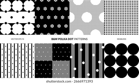 Padrões de vetor sem costura com pontos de polca preto branco, fundo monocromático de contraste negrito, círculos geométricos abstratos, ornamento de repetição têxtil moderno, design de decoração digital, layout de estilo mínimo
