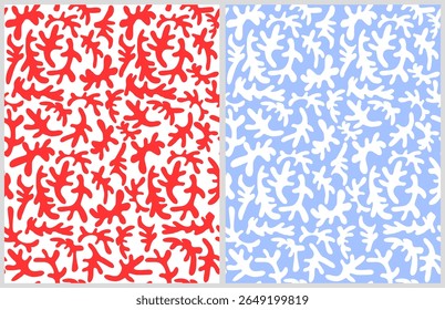 Padrões de vetor sem emenda com corais azuis e vermelhos sobre um fundo branco. Papel de parede náutico desenhado à mão simples. Impressão Criativa Moderna Com Elementos De Recife. Padrão tropical com Índigo e Corais Vermelhos.RGB