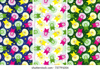 Seamless vector patterns for children kids. Funny colorful alien character design for wallpaper, wrapping paper, textile