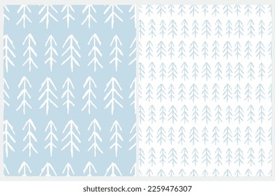 Seamless Vector Patterns with Christmas Trees isolated on a Pastel Blue and White Background. Christmas Repeatable Print ideal for Wrapping Paper, Textile. Cute Woodland Pattern with Hand Drawn Trees.