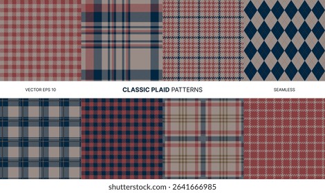 Seamless vector patterns collection with classic red blue plaid designs including tartan, gingham, argyle, houndstooth, checkered fabric backgrounds, clothing, textiles, fashion, wrapping, decoration