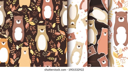 Seamless vector patterns collection with colorful hand drawn cute bears isolated on white background. Design for fabric, wallpaper, card, t-shirt print