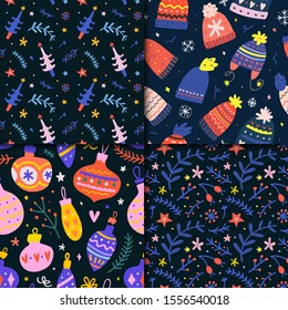 Seamless vector patterns with colorful doodle illustrations and ornaments. Collection of decorative backgrounds for christmas and new year card or banner design. Knit hats, decoration balls, fir trees