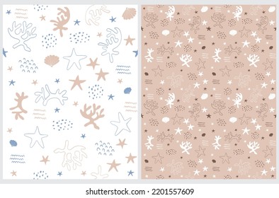 Seamless Vector Patterns with Coral, Starfish, Shell, Waves and Spots on a White and Light Brown Background. Sea Life Print with Hand Darwn Brown, Blue and White Corals, Stars and Shells.Marine Party.