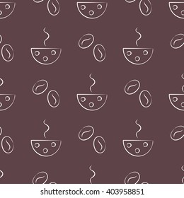 Seamless vector patterns with cups and cofee grains on the brown background. Series of Food and Drink Seamless Patterns