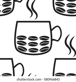 Seamless vector patterns with cups and cofee grains on the white background. Series of Food and Drink Seamless Patterns