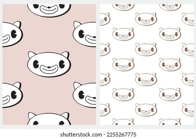 Seamless Vector Patterns with Cute Smiling Cats. Happy Kittens isolated on a White and Light Dusty Pink Background.Simple Repeatable Vector Print with Retro Style Cartoon Black and Gold Kitten Heads. 