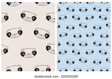Seamless Vector Patterns with Cute Smiling Pandas. Happy Panda Bears isolated on a Beige and Pastel Blue Background. Simple Repeatable Vector Print with Retro Style Cartoon Black Panda Heads. 
