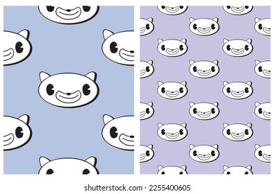 Seamless Vector Patterns with Cute Smiling Cats. Happy Kittens isolated on a Light Blue and Violet Background. Simple Repeatable Vector Print with Retro Style Cartoon Black and White Kitten Heads. 
