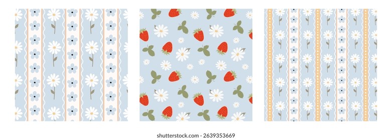 Seamless vector patterns with daisies, strawberries, and stripes in soft pastel colors. Retro-inspired floral design perfect for fabric, packaging, scrapbooking, and home decor.