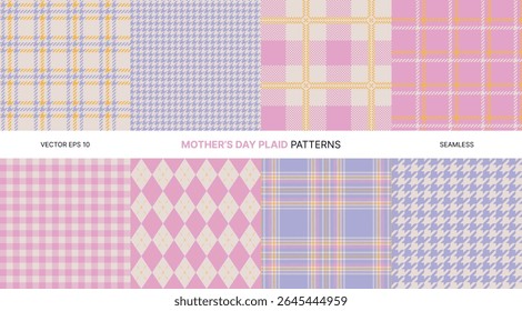 Seamless vector patterns with Mother’s Day themed plaid in pastel pink lavender yellow tones including tartan houndstooth argyle styles textile decoration gift wrap backgrounds cute feminine design