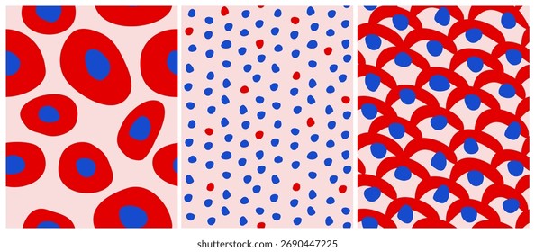Padrões De Vetor Perfeitos Com Pontos, Ondas E Manchas. Abstrato impressão sem fim com rosa claro, vermelho negrito e formas azuis profundas, manchas e ondas. Ideal para design contemporâneo, papel de embrulho, tecido.	RGBanguage