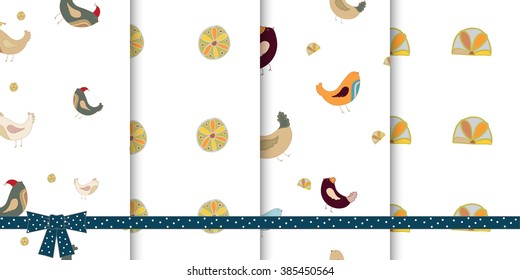 Seamless vector patterns of fairy birds and geometric figures.