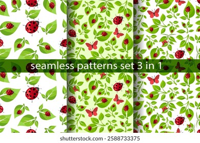 Seamless vector patterns featuring ladybugs and butterflies displayed in vibrant leaf designs