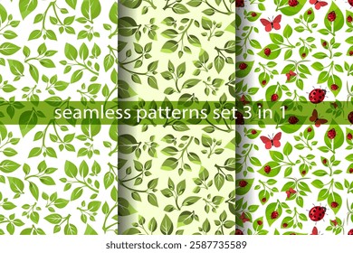 Seamless vector patterns featuring leaves, ladybugs, and butterflies for design projects