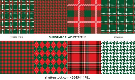 Seamless vector patterns featuring red green Christmas plaid argyle tartan houndstooth check design ideal for festive textiles wrapping paper holiday decorations winter backgrounds seasonal crafts