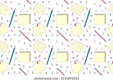 Seamless vector patterns featuring school supplies like pencils, notes, scissors, and push pins. Perfect for back-to-school designs.