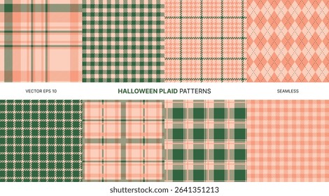 Seamless vector patterns featuring soft pastel Halloween plaid designs in orange green argyle tartan houndstooth check perfect for autumn crafts seasonal decor backgrounds cute spooky projects