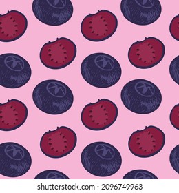 seamless vector patterns fruits berries blueberries

red, burgundy irregular brush on a pink background. print of delicious juicy fruits. Simple geometric design. 