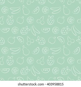Seamless vector patterns with fruits. Pastel green background with strawberry, banana, apple, pear, watermelon and cherry. Series of Fruits and Vegetables Seamless Patterns