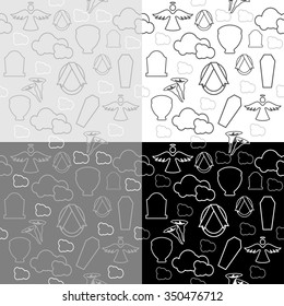 Seamless vector patterns. Funeral and death icons on white, black, gray background 