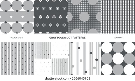 Seamless vector patterns with gray monochrome polka dots, minimalist grayscale circle design, modern neutral background, abstract geometric ornament, textile repeat digital decoration, stylish pattern