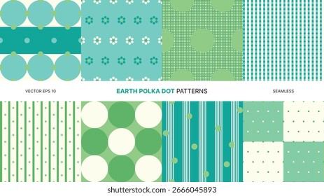 Seamless vector patterns with green and teal polka dots, floral shapes, geometric abstract decorative backgrounds, modern textile prints, digital wallpaper, simple minimal layout elements cute circles