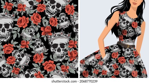 Patrones de vectores impecables con calaveras humanas y rosas de vintage. Flores de estilo retro
