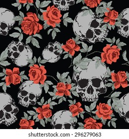 Seamless Vector Patterns With Grunge  Human Skulls and Vintage Roses