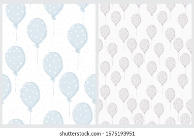 Seamless Vector Patterns with Hand Drawn Flying Balloons. Blue and Gray Dotted Balloons Isolated on a White Background.Cute Pastel Color Balloon Print Ideal for Fabric,Card, Invitation,Wrapping Paper.