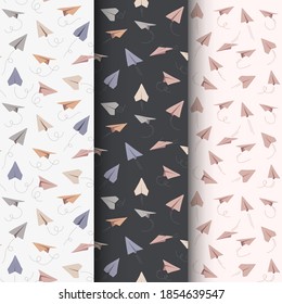 Seamless vector patterns with hand drawn paper airplanes. Symbol of travel and route