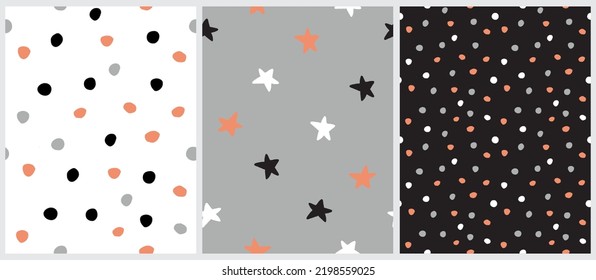 Seamless Vector Patterns with Hand Drawn Stars and Dots. Simple Brush Circles and Stars on a Light Gray, White and Black Bakground.Freehand Irregular Geometric Repeatable Print ideal for Fabric.