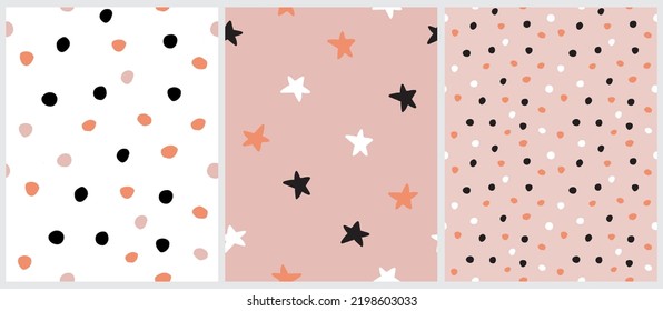 Seamless Vector Patterns With Hand Drawn Stars And Dots. Black, Orange And White Spots And Stars On A White And Pastel Pink Bakground. Freehand Irregular Geometric Repeatable Print Ideal For Fabric.