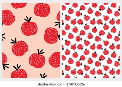 Seamless Vector Patterns with Irregular Hand Drawn Simple Apples Isolated on a White and Light Salmon Pink Background. Infantile Style Fruit Design. Red Abstract Apples Print.