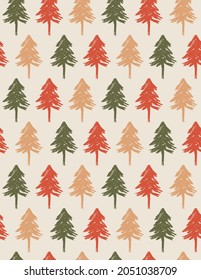 Seamless Vector Patterns with Irregular Hand Drawn Simple Green, Brown and Red Pine Trees on a Beige Background. Print with Christmas Tress  ideal for Fabric, Textile, Wrapping Paper. 