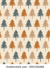 Seamless Vector Patterns with Irregular Hand Drawn Simple Brown and Blue Pine Trees on a Beige Background. Print with Christmas Tress  ideal for Fabric, Textile, Wrapping Paper. 