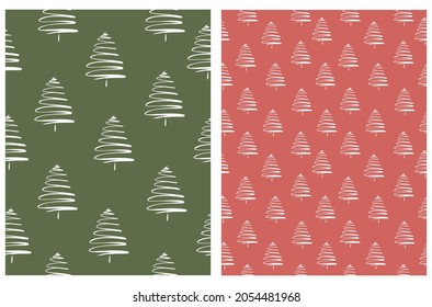 Seamless Vector Patterns with Irregular Hand Drawn Simple White Pine Trees on a Green and Red Background. Print with Christmas Tress ideal for Fabric, Textile, Wrapping Paper.