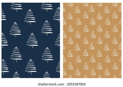 Seamless Vector Patterns with Irregular Hand Drawn Simple White Pine Trees on a Dark Blue and Gold Background. Print with Christmas Tress ideal for Fabric, Textile, Wrapping Paper.