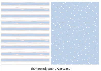 Seamless Vector Patterns with Irregular Tiny Dots and Horizontal Stripes. Striped Background. Pastel Blue and White Dotted Print. Hand Drawn Geometic Repeatable Layouts.