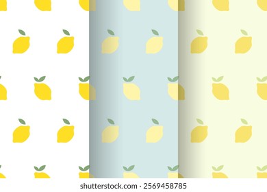 Seamless vector patterns of lemons with leaves. Collection of summer Fruit backgrounds. Summer background, for fabrics, wrapping paper, covers, phone cases, prints, textile, wallpaper. Retro pattern