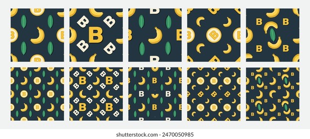 Seamless Vector Patterns with the Letter "B". seamless vector pattern collection feature the letter "B" intertwined with playful banana graphics and lush leaves, perfect for branding, packaging, text